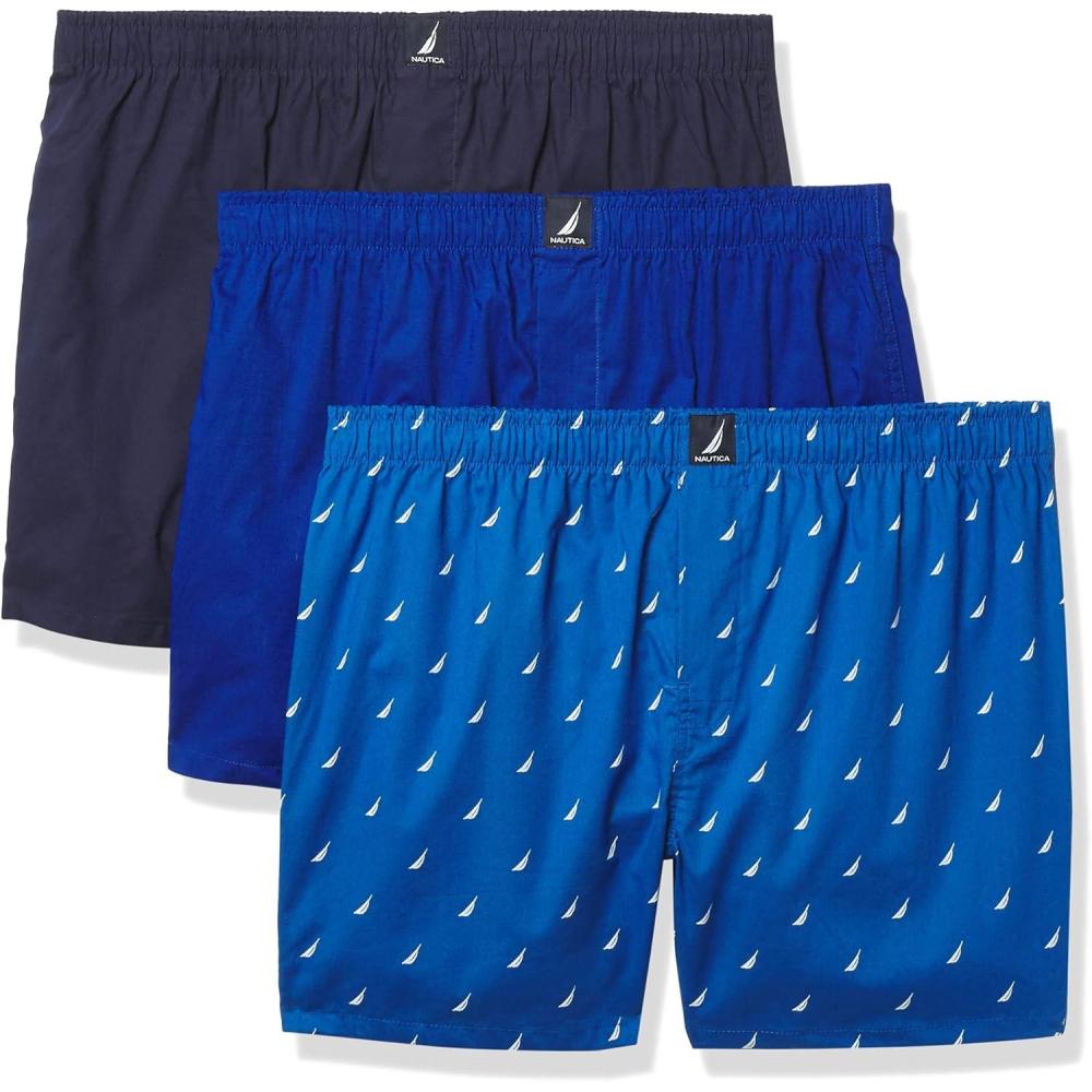 imageNautica Mens Classic Cotton 3Pack Woven BoxersPeacoatOcean LapisSails Sea Cobalt