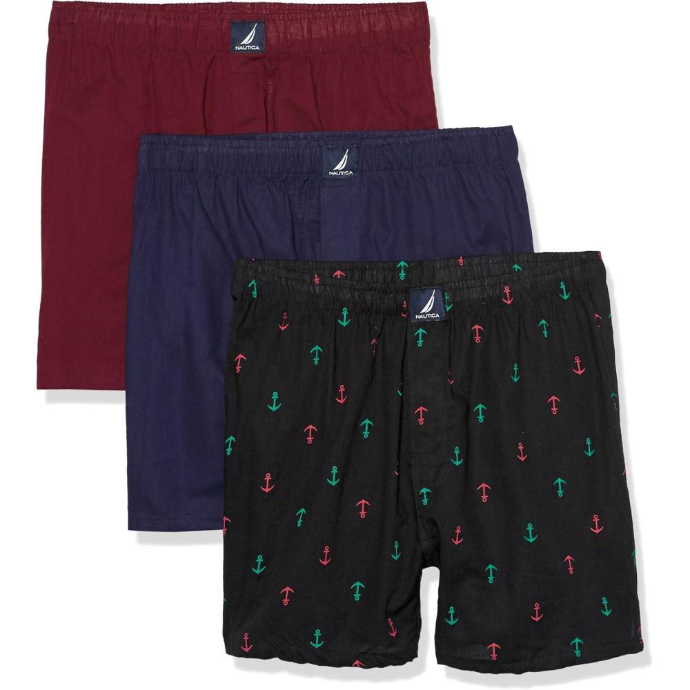 imageNautica Mens Classic Cotton 3Pack Woven BoxersPeacoatTawny Port2 Way Anchor Black Holiday