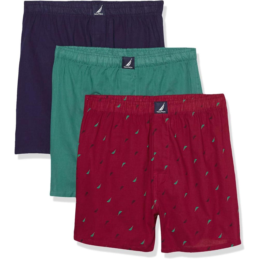 imageNautica Mens Classic Cotton 3Pack Woven BoxersPeacoatTidal GreenSailsnautica Red Holiday