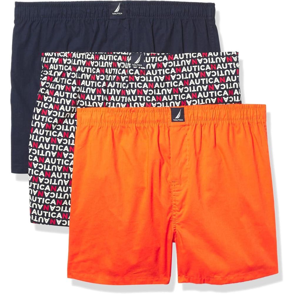 imageNautica Mens Classic Cotton 3Pack Woven BoxersPeacoatTropic OrangeNautica Logo Print