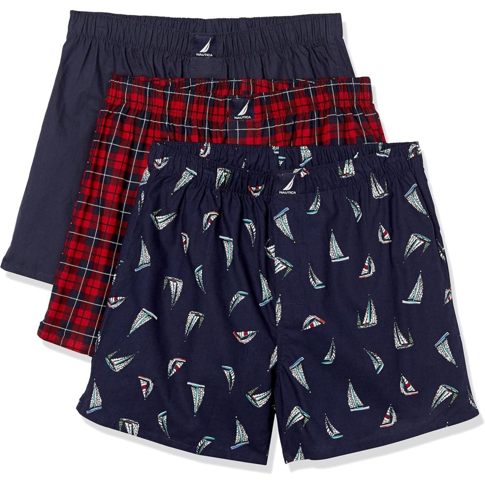 imageNautica Mens Classic Cotton 3Pack Woven BoxersPeacoatWinter Plaid RedHoliday Sailboats Peacoat