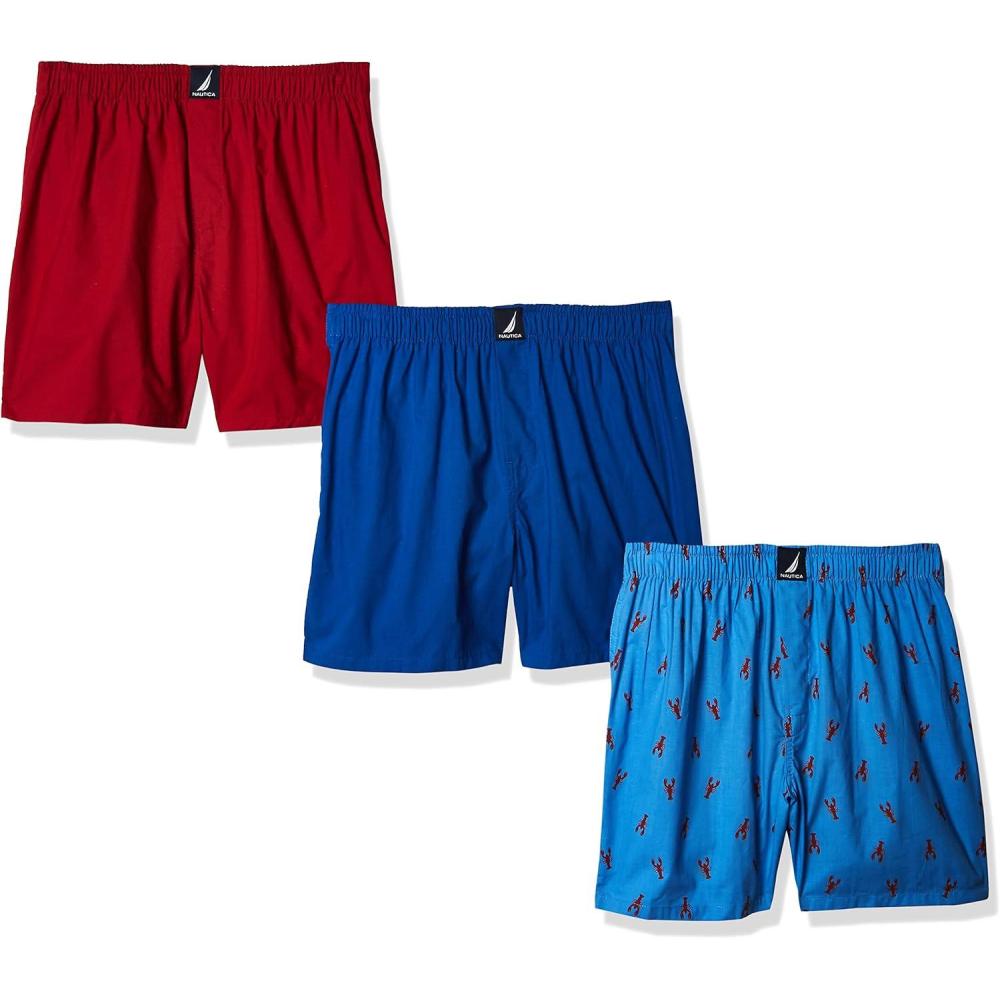 imageNautica Mens Classic Cotton 3Pack Woven BoxersSea CobaltNautica RedLobster Aero Blue