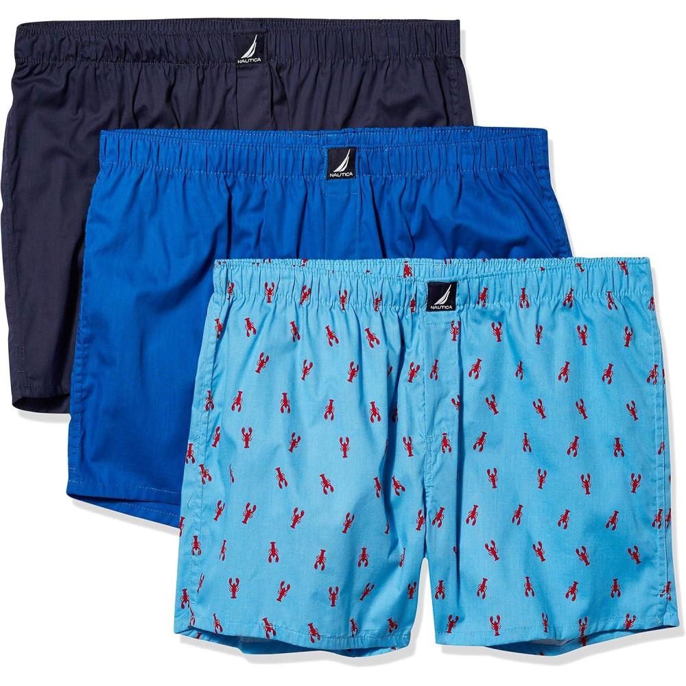 imageNautica Mens Classic Cotton 3Pack Woven BoxersSea CobaltPeacoatLobster Aero Blue