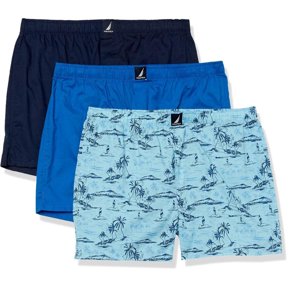 imageNautica Mens Classic Cotton 3Pack Woven BoxersSpinner BluePeacoatTropical Scenic Print