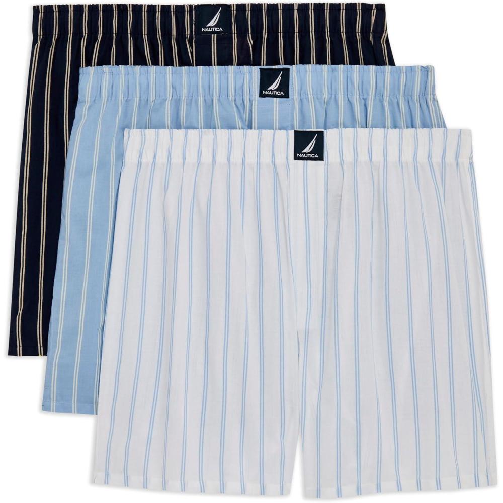 imageNautica Mens Classic Cotton 3Pack Woven BoxersStripes Blue and White 3 Pack
