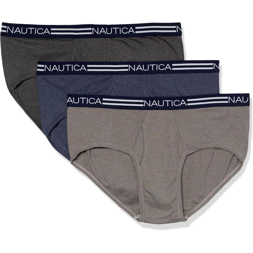 imageNautica Mens Classic Cotton 3pack Fly Front BriefsPeacoat HeatherCharcoal HeatherHeather Grey