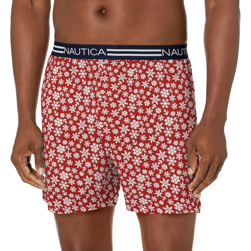 imageNautica Mens Classic Cotton Loose Knit BoxerSnowflakesNautica Red