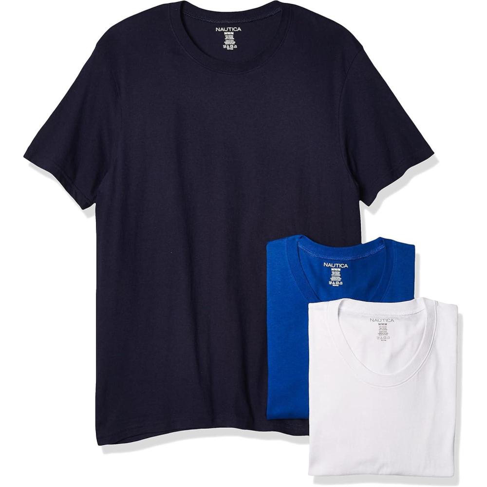 imageNautica Mens Cotton Crew Neck 3Pack TShirtsPeacoatCobaltWhite