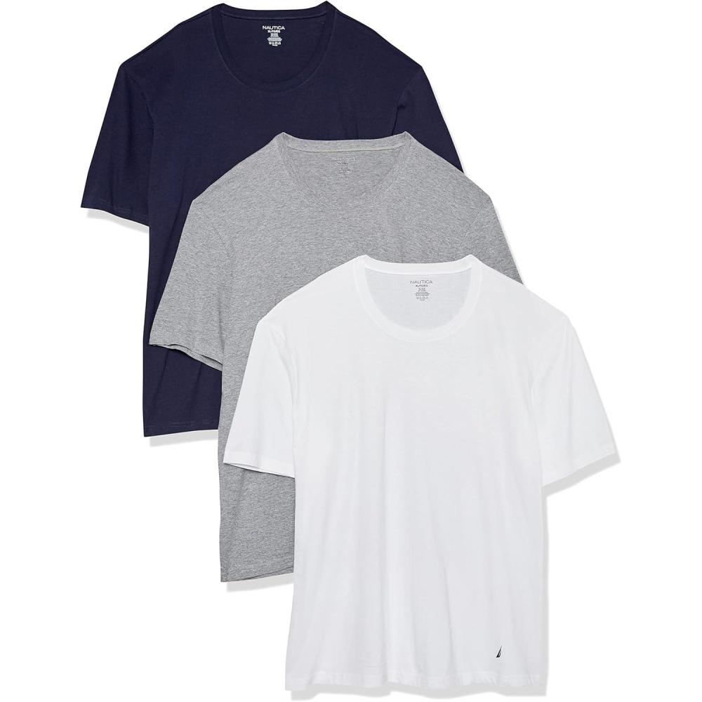 imageNautica Mens Cotton Crew Neck 3Pack TShirtsWhitePeacoatHeather Grey
