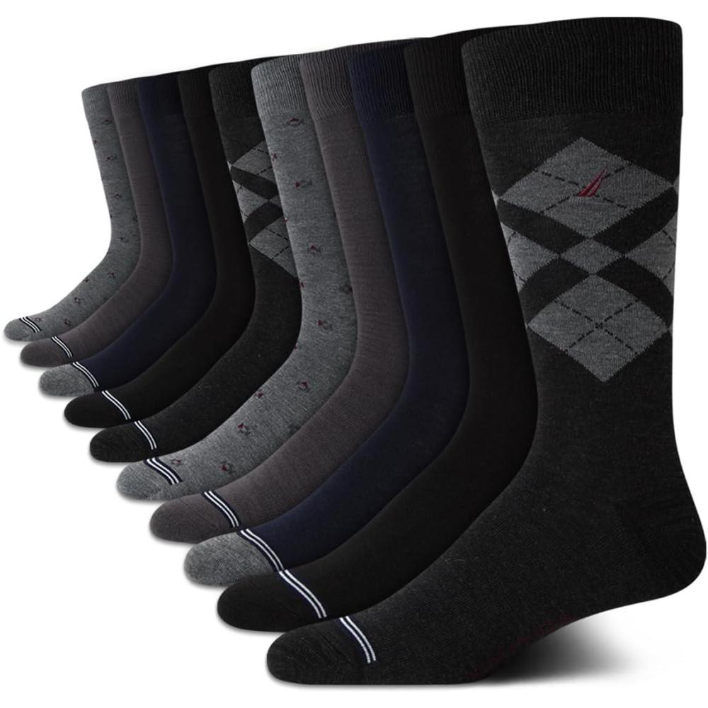 imageNautica Mens Dress Socks  10 Pack Breathable Stretch Crew Socks for Men for Work Business and Formal Wear Sizes 6125BlackGrey Argyle