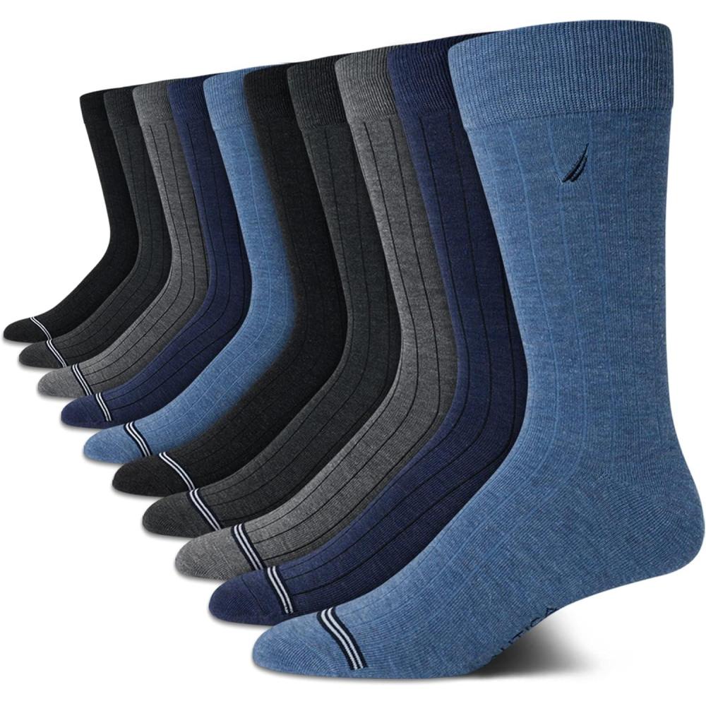 imageNautica Mens Dress Socks  10 Pack Breathable Stretch Crew Socks for Men for Work Business and Formal Wear Sizes 6125BlueGrey Rib