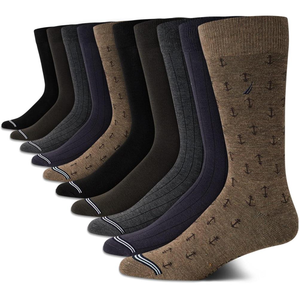 imageNautica Mens Dress Socks 10 Pack Breathable Stretch CrewLength Work Socks for Men for Business Formal Wear Sizes 6125Dark Brown Assorted