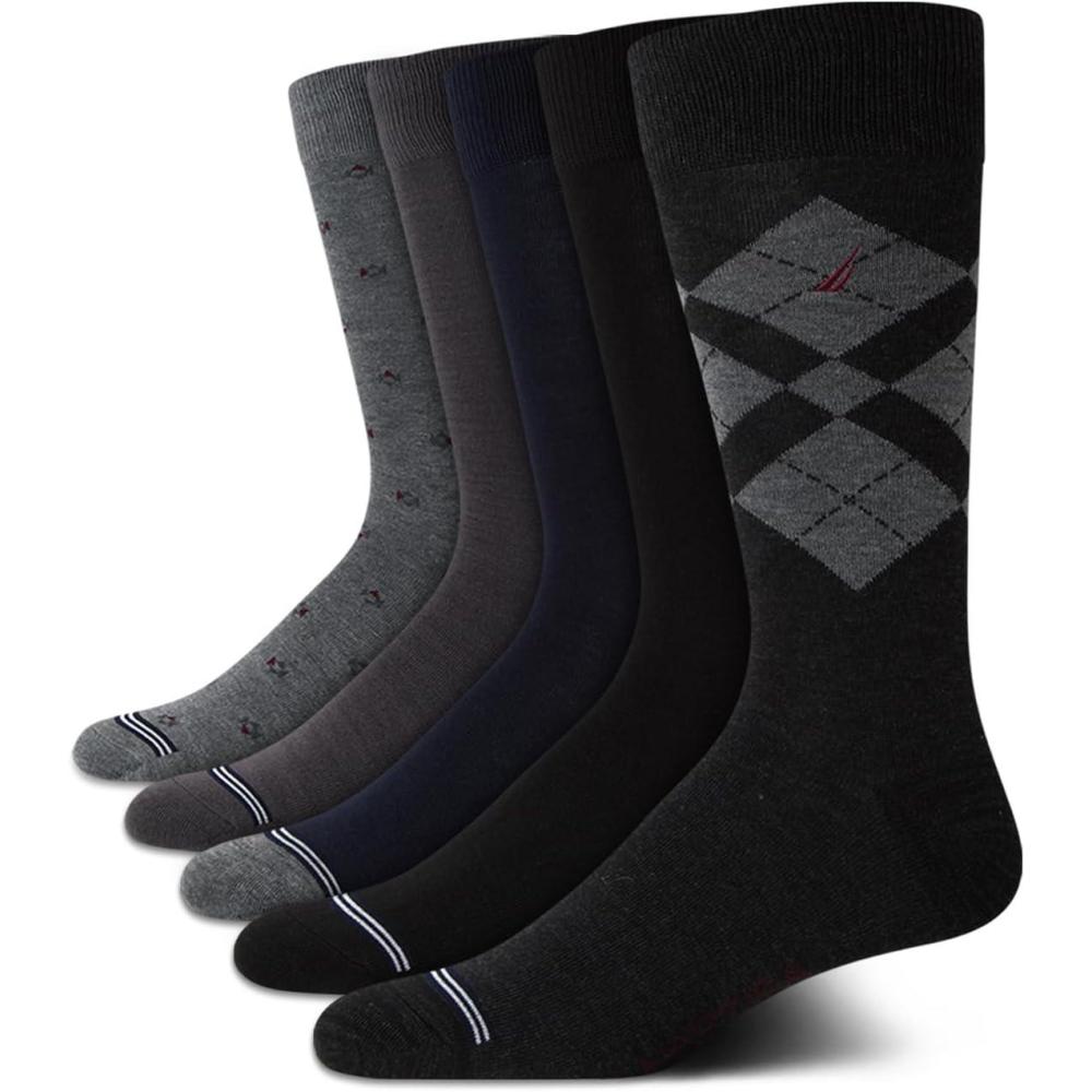 imageNautica Mens Dress Socks 5 Pack Breathable Comfort Stretch CrewLength Work Socks for Men for Business Formal Wear 6125BlackGrey Argyle