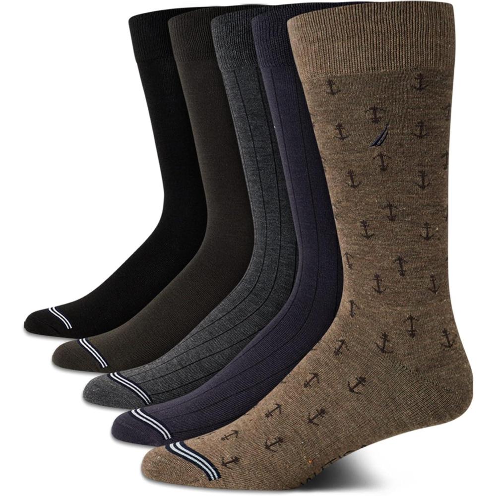 imageNautica Mens Dress Socks  5 Pack Breathable Comfort Stretch CrewLength Work Socks for Men for Business Formal Wear 6125KhakiNavyBlack