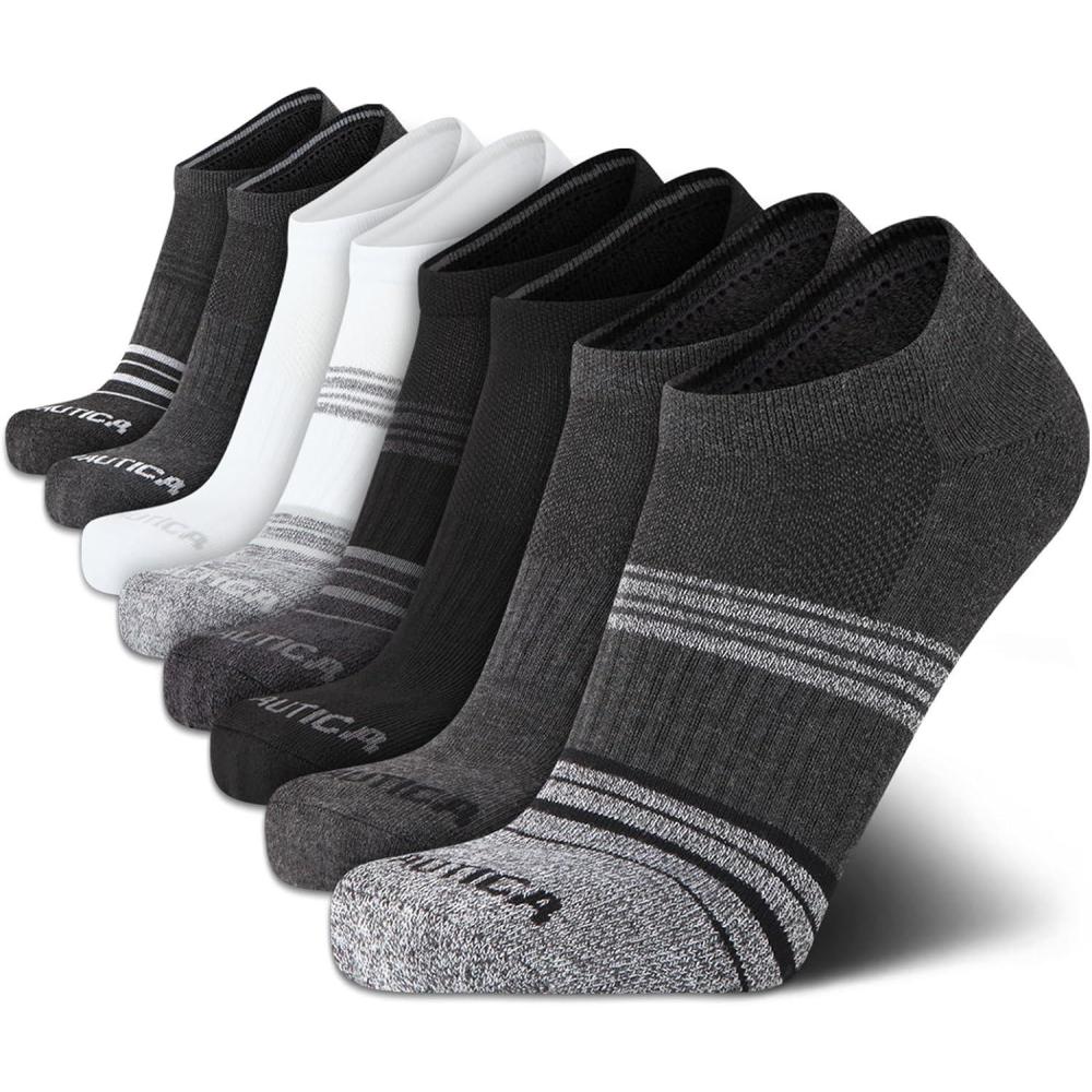 imageNautica Mens Low Cut Socks 8 Pack Soft Stretch Cushioned Athletic Ankle Socks for Men for Sports and Running Size 6125BlackGrey Stripes
