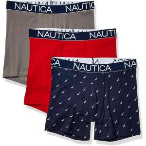 Nautica Men’s 3-Pack Classic Cotton Stretch Boxer Briefs(Nautica Red/Platinum Grey/Sail Print Peacoat)
