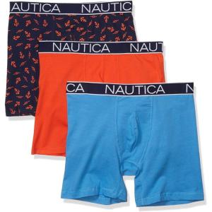 Nautica Men’s 3-Pack Classic Cotton Stretch Boxer Briefs(Orange Poppy/Aero Blue/Anchor Peacoat)