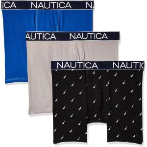 Nautica Men’s 3-Pack Classic Cotton Stretch Boxer Briefs(Sea Cobalt/Alloy/Sail Print Black White)