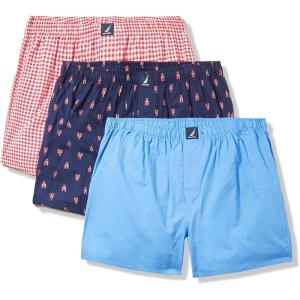 Nautica Men’s Classic Cotton 3-Pack Woven Boxers(Aero Blue/Gingham Rose Coral/Lobster Print)