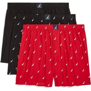 Nautica Men’s Classic Cotton 3-Pack Woven Boxers(Black/Sail Black White/Sail Nautica Red)
