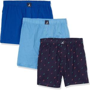 Nautica Men’s Classic Cotton 3-Pack Woven Boxers(Bright Cobalt/Aero Blue/Sails-peacoat Holiday)