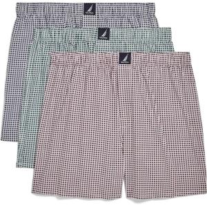 Nautica Men’s Classic Cotton 3-Pack Woven Boxers(Gingham Peacoat/Hunter Green/Wine)