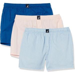 Nautica Men’s Classic Cotton 3-Pack Woven Boxers(Oasis Pink/Ocean Lapis/Pin Stripe Silver Lake)