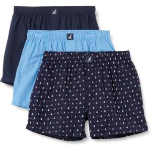 Nautica Men’s Classic Cotton 3-Pack Woven Boxers(Peacoat/Aero Blue/Anchor)