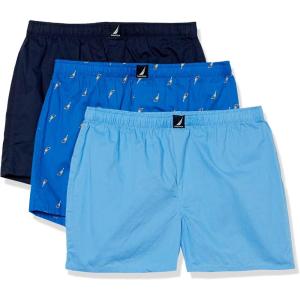 Nautica Men’s Classic Cotton 3-Pack Woven Boxers(Peacoat/Aero Blue/Sails Outline)