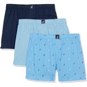 Nautica Men’s Classic Cotton 3-Pack Woven Boxers(Peacoat/Anchor Print Aero/Multi Sails Aero)