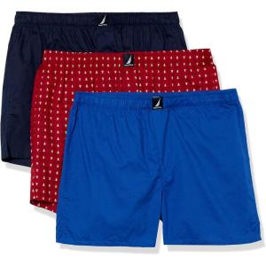 Nautica Men’s Classic Cotton 3-Pack Woven Boxers(Peacoat/Bright Cobalt/Anchor Print Red)