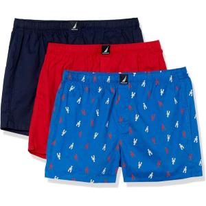 Nautica Men’s Classic Cotton 3-Pack Woven Boxers(Peacoat/Bright Red/2 Color Lobster)