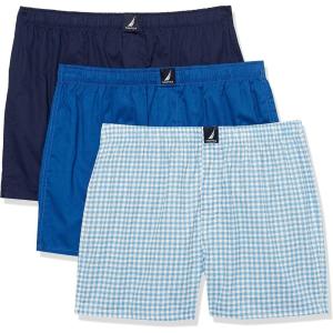 Nautica Men’s Classic Cotton 3-Pack Woven Boxers(Peacoat/Monaco Blue/Med Check Print)