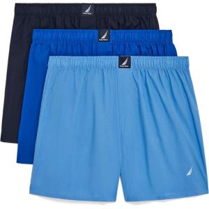 Nautica Men’s Classic Cotton 3-Pack Woven Boxers(Peacoat/Sea Cobalt/Aero Blue White J Class Logo)