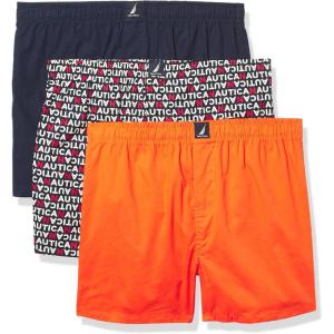 Nautica Men’s Classic Cotton 3-Pack Woven Boxers(Peacoat/Tropic Orange/Nautica Logo Print)
