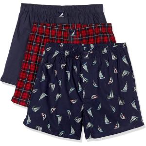 Nautica Men’s Classic Cotton 3-Pack Woven Boxers(Peacoat/Winter Plaid Red/Holiday Sailboats Peacoat)