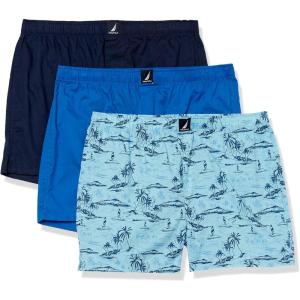 Nautica Men’s Classic Cotton 3-Pack Woven Boxers(Spinner Blue/Peacoat/Tropical Scenic Print)