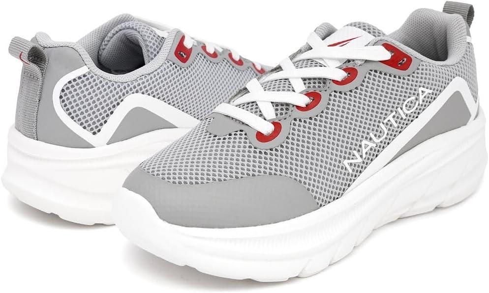 imageNautica Boys Youth Lace Up Sneakers Lightweight Mesh Athletic Running Shoes for Kids Cushioned Comfort Sole for School Sports WalkingGrey White Redmariln