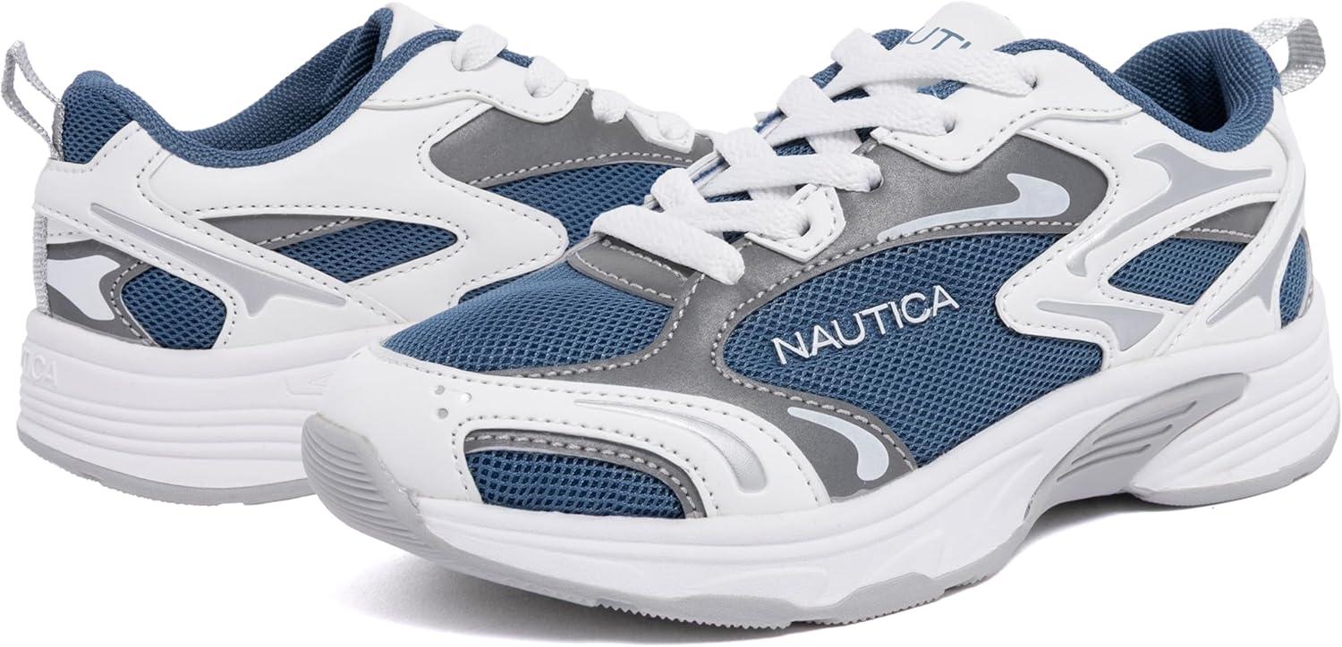 imageNautica Kids Boys amp Girls LaceUp Sneakers Athletic Shoes for Running amp Walking with Cushioned Insole and Comfortable Fit for Big and Little KidsBlue White Silver