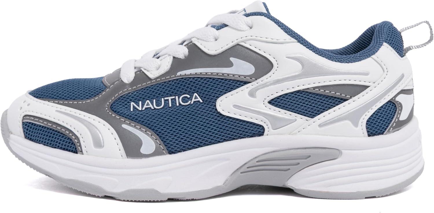 imageNautica Kids Boys amp Girls LaceUp Sneakers Athletic Shoes for Running amp Walking with Cushioned Insole and Comfortable Fit for Big and Little KidsBlue White Silver