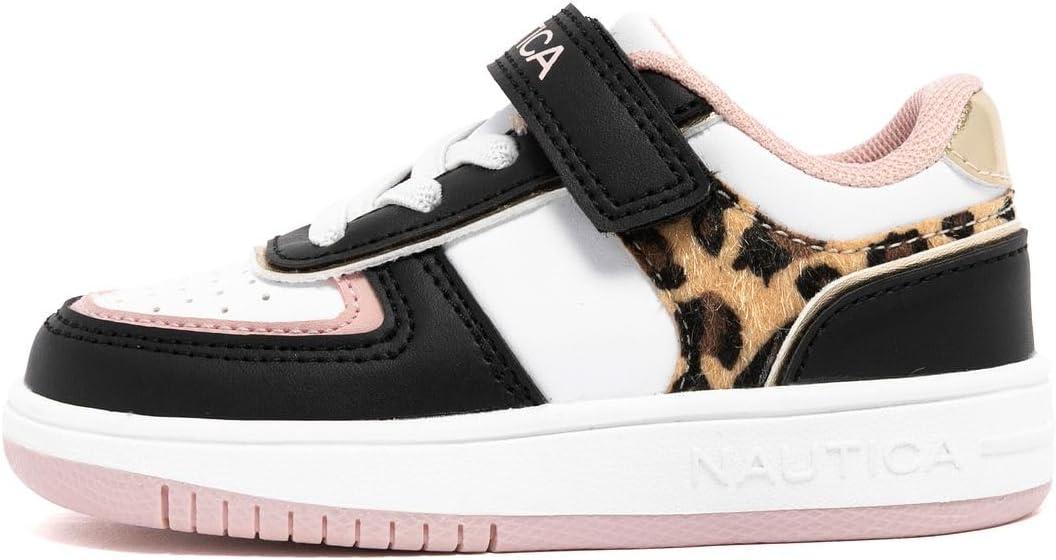 imageNautica Kids Girls Sneakers with Adjustable Strap and Bungee Straps Comfortable Casual Shoes ToddlerLittle KidBlack Pink Leopard