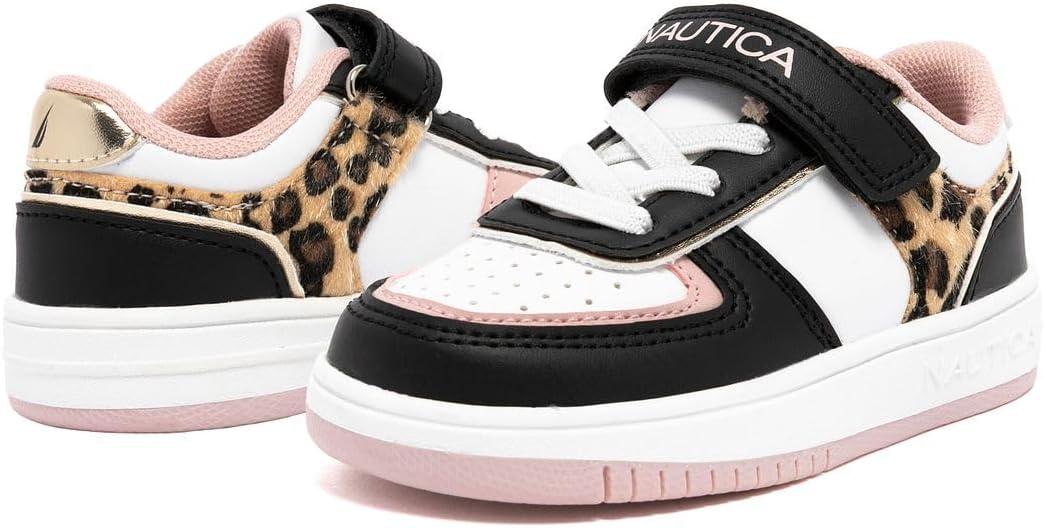 imageNautica Kids Girls Sneakers with Adjustable Strap and Bungee Straps Comfortable Casual Shoes ToddlerLittle KidBlack Pink Leopard