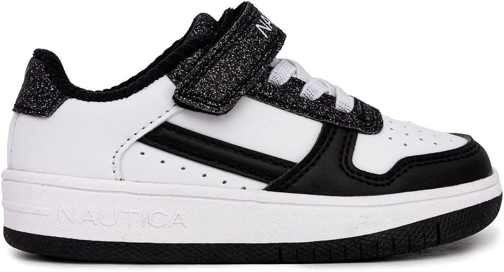 imageNautica Kids Girls Sneakers with Adjustable Strap and Bungee Straps Comfortable Casual Shoes ToddlerLittle KidBlack White Glitter