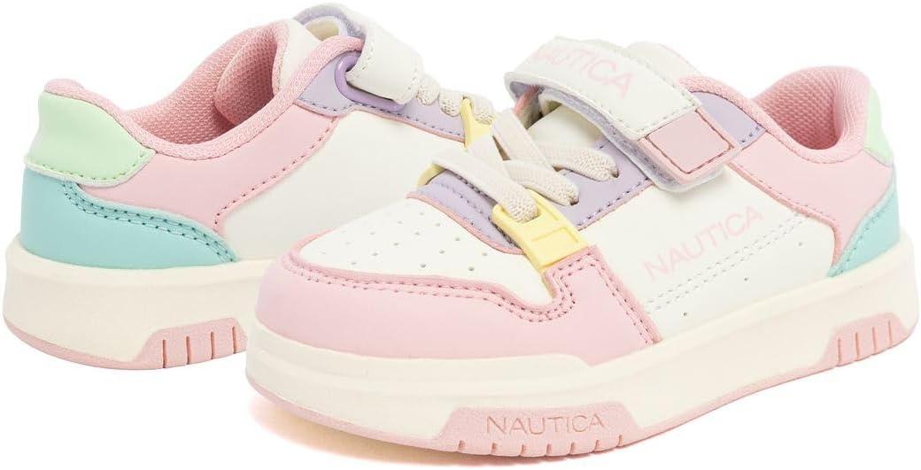 imageNautica Kids Girls Sneakers with Adjustable Strap and Bungee Straps Comfortable Casual Shoes ToddlerLittle KidBone Pastel Gavie