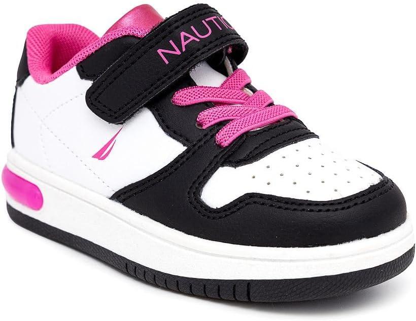 imageNautica Kids Girls Sneakers with Adjustable Strap and Bungee Straps Comfortable Casual Shoes ToddlerLittle KidWhite Black Pink