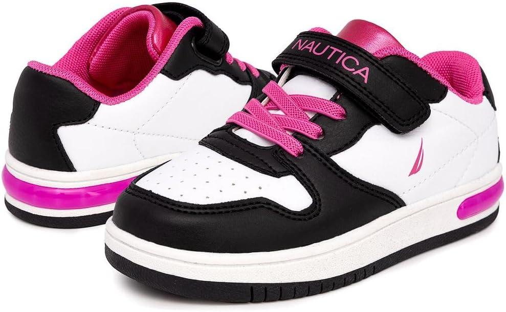 imageNautica Kids Girls Sneakers with Adjustable Strap and Bungee Straps Comfortable Casual Shoes ToddlerLittle KidWhite Black Pink