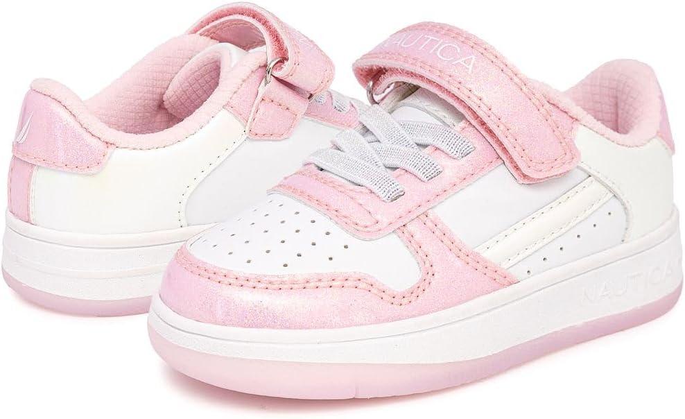 imageNautica Kids Girls Sneakers with Adjustable Strap and Bungee Straps Comfortable Casual Shoes ToddlerLittle KidWhite Glitter Pink