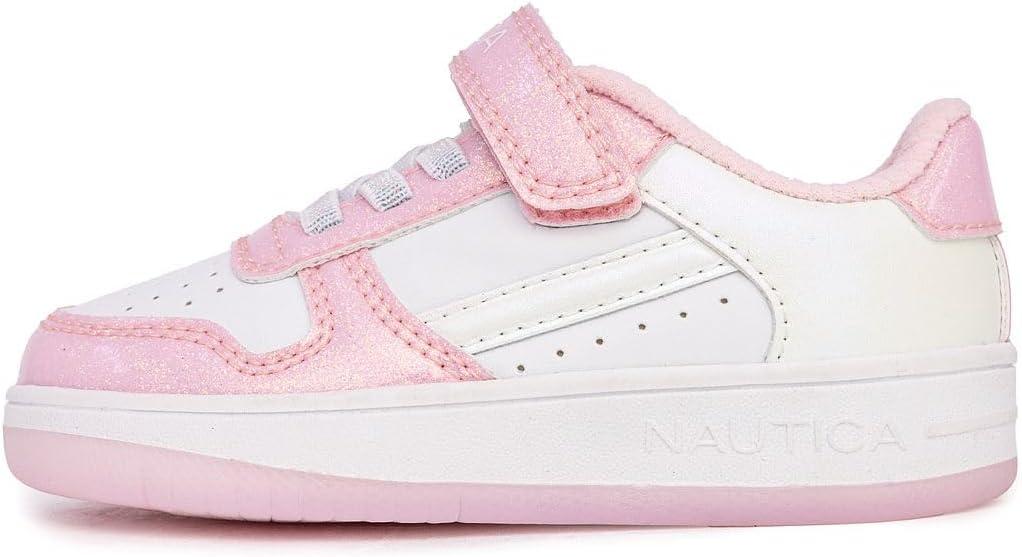 imageNautica Kids Girls Sneakers with Adjustable Strap and Bungee Straps Comfortable Casual Shoes ToddlerLittle KidWhite Glitter Pink