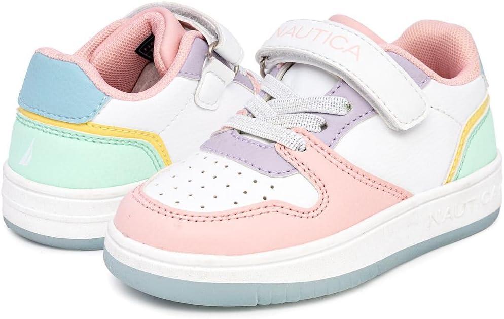 imageNautica Kids Girls Sneakers with Adjustable Strap and Bungee Straps Comfortable Casual Shoes ToddlerLittle KidWhite Pastel