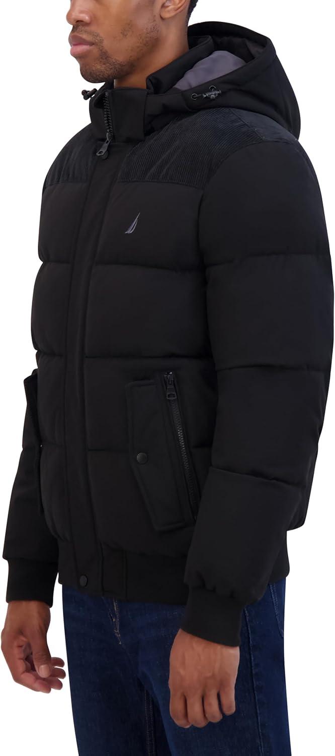 imageNautica Mens Lightweight Mix Media Bomber Jacket Mechanical Stretch WaterResistant CoatBlack